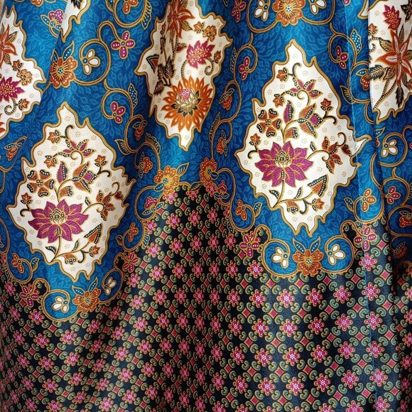 Rizky 100% Silk Kimono Robe OS Teal Orange Floral Scroll Boho Batik Eclectic - Picture 2 of 6